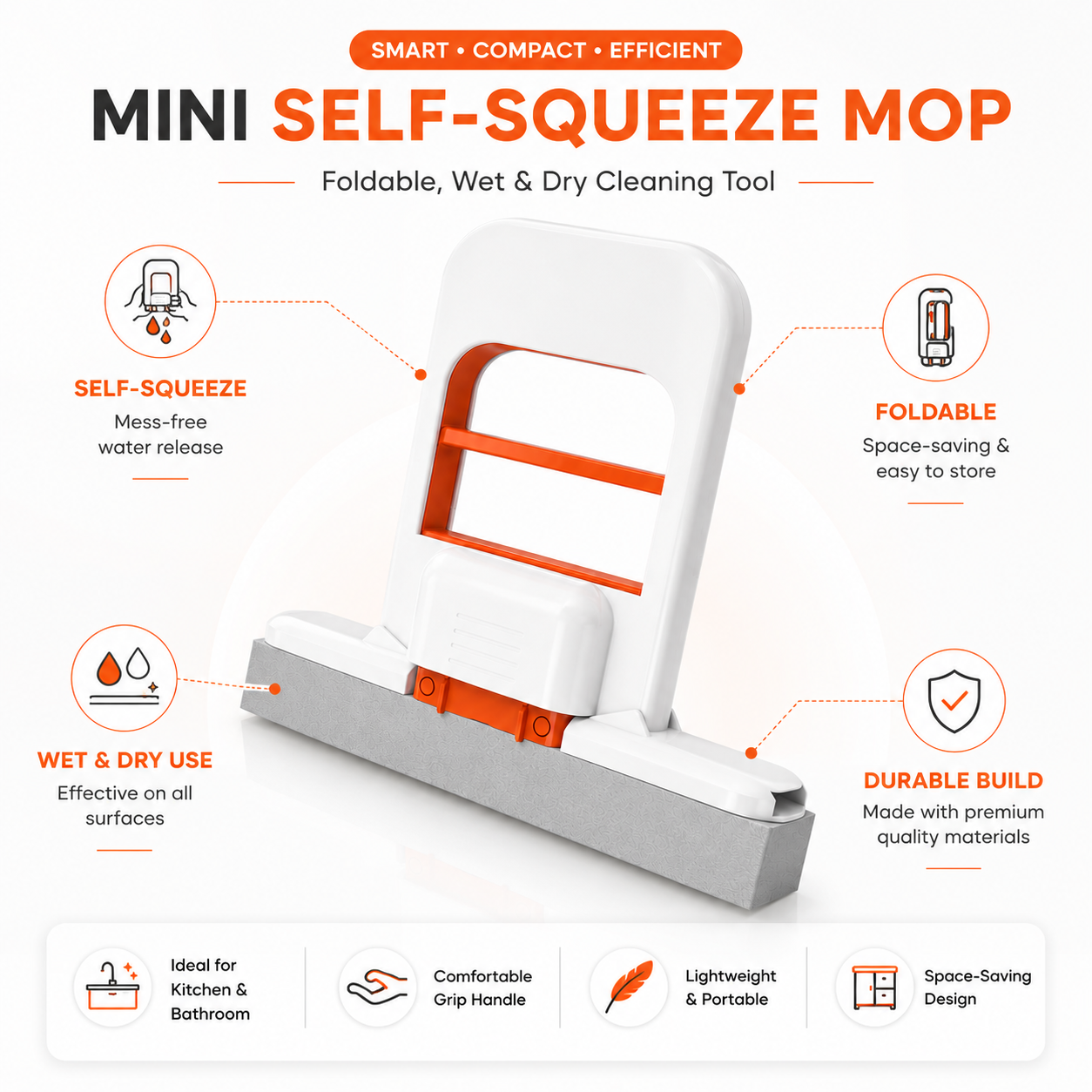 Mini Self-Squeeze Mop for Quick Spill Cleanup (Foldable, Wet & Dry)