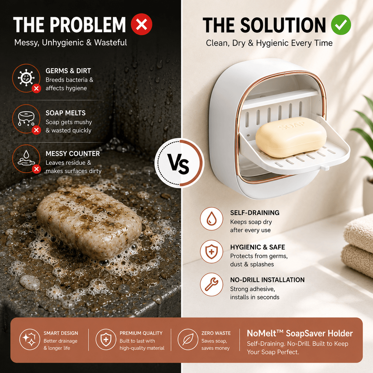 NoMelt™ SoapSaver Holder (Self-Draining, No-Drill Wall Mount)