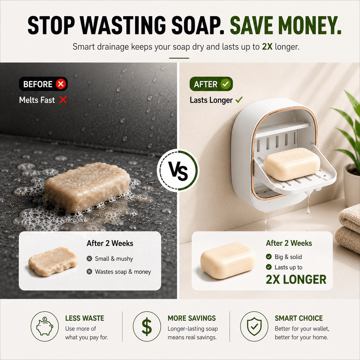 NoMelt™ SoapSaver Holder (Self-Draining, No-Drill Wall Mount)